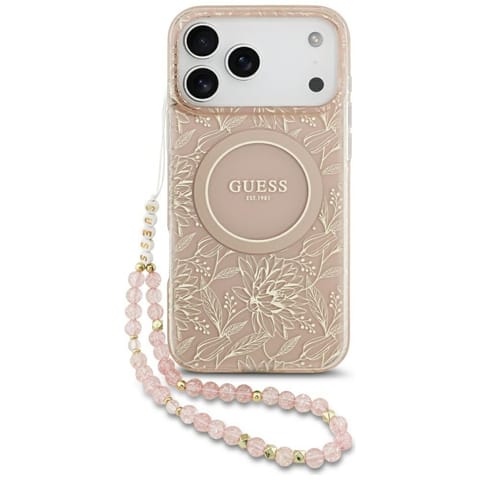 ⁨Etui Guess IML Flowers Electro Pearl     Strap MagSafe do iPhone 17 Pro Max różowy⁩ w sklepie Wasserman.eu