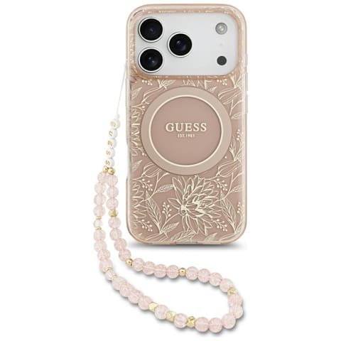 ⁨Etui Guess IML Flowers Electro Pearl     Strap MagSafe do iPhone 17 Pro różowy⁩ w sklepie Wasserman.eu