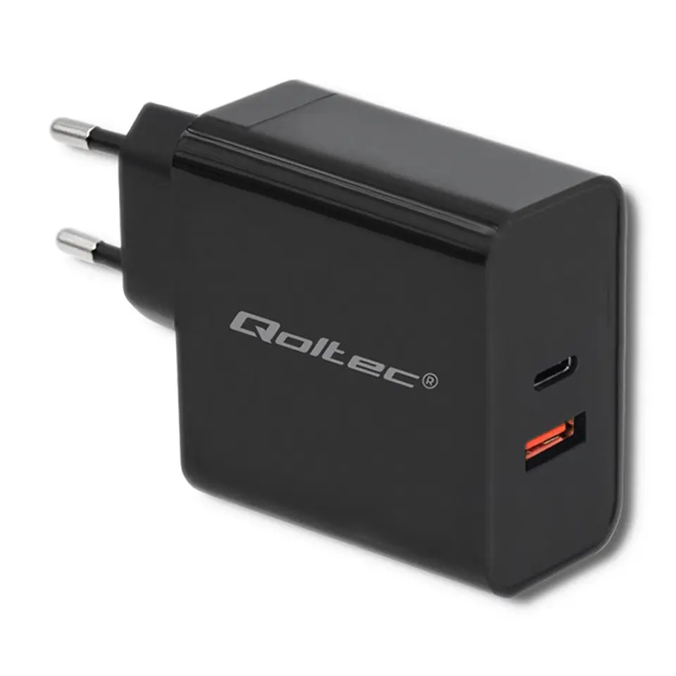 ⁨QOLTEC ŁADOWARKA SIECIOWA 63W | 5-20V | 1.5-3A | USB TYP C PD | USB QC 3.0 | CZARNA⁩ w sklepie Wasserman.eu