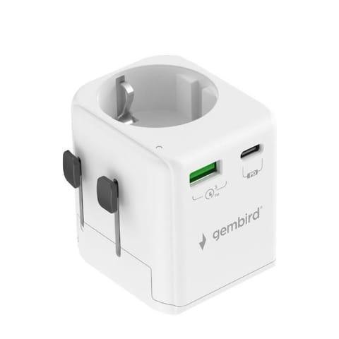 ⁨Adapter zasilania Gembird gniazdo EU - wtyk World z ładowarką 1 x USB-C, 1 x USB-A, 20W, GaN, biały⁩ w sklepie Wasserman.eu