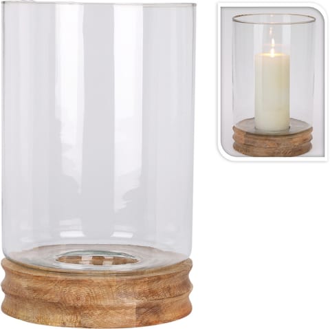 ⁨Lampion szklany 33CM drewniana podatawa⁩ w sklepie Wasserman.eu