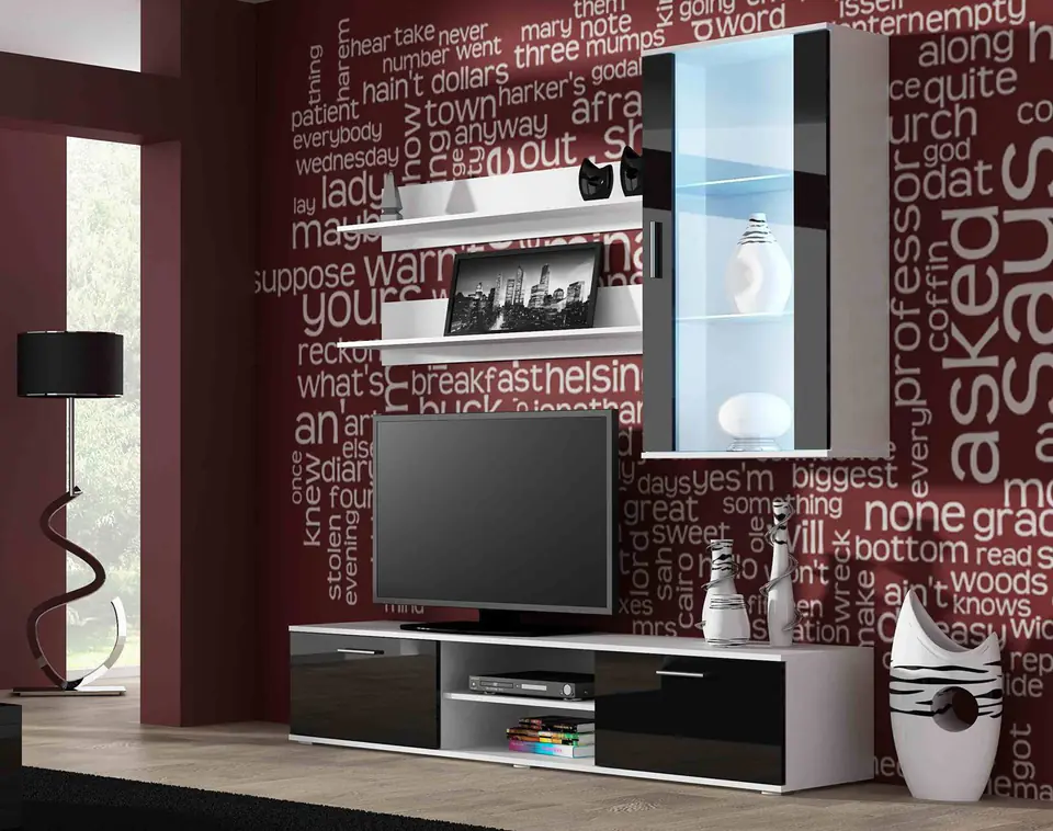 ⁨SOHO 5 set (TV180 cabinet + Wall unit + shelves) White/Black gloss⁩ at Wasserman.eu