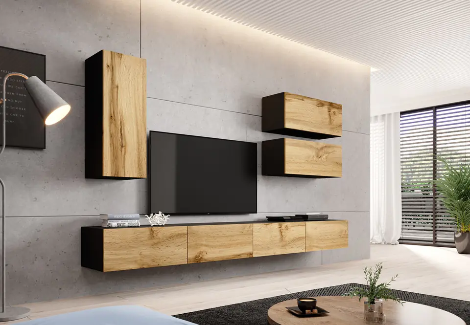 ⁨Cama living room cabinet set VIGO 13 black/wotan oak⁩ at Wasserman.eu