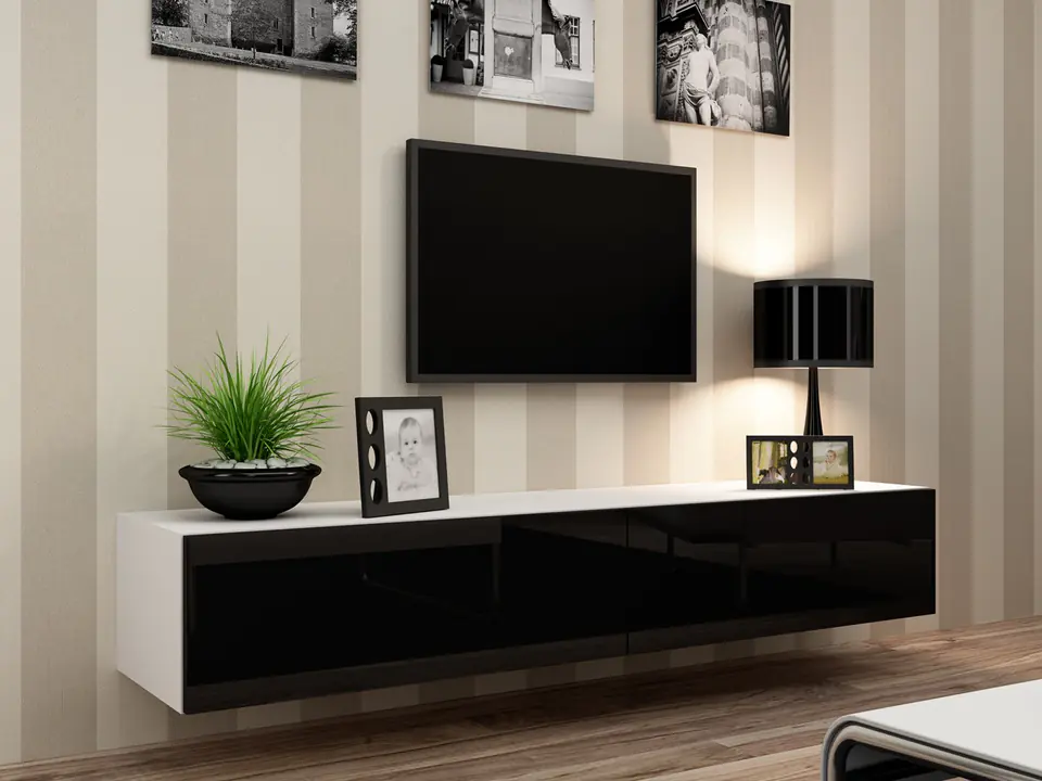 ⁨Cama TV Stand VIGO '180' 30/180/40 white/black gloss⁩ at Wasserman.eu