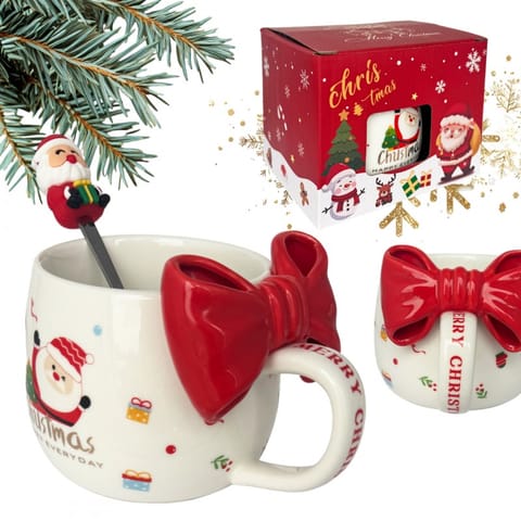 KUBEK ŚWIĄTECZNY Z KOKARDĄ - zestaw w pudełku z łyżeczką 400 ml KB25CZE w sklepie Wasserman.eu