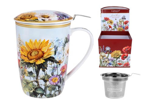 ⁨Kubek z sitkiem i przykrywką - L. Lozano, Łąka kwietna ze słonecznikami (CARMANI)⁩ w sklepie Wasserman.eu