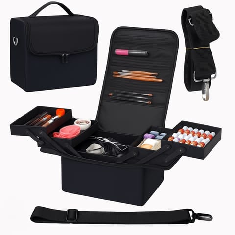 ⁨Czarna kosmetyczka rozkładana elegancki kuferek organizer na kosmetyki przenośna 25x28x20cm CB45⁩ w sklepie Wasserman.eu