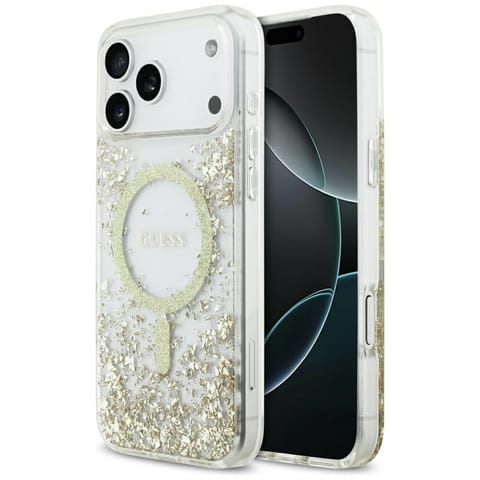 ⁨Etui Guess Resin Bottom Glitter MagSafe do iPhone 17 Pro Max złoty⁩ w sklepie Wasserman.eu