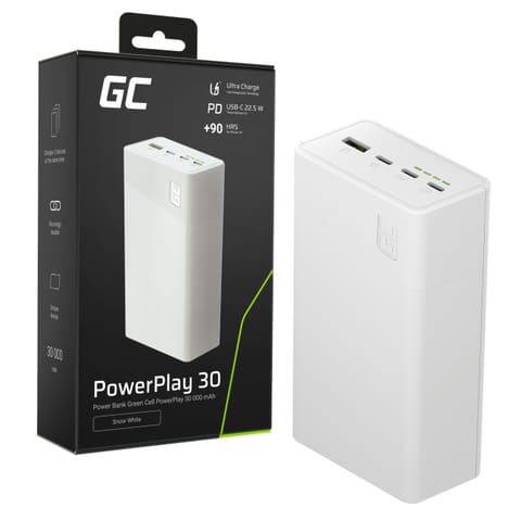 ⁨Greencell PowerPlay 30 - biała power bank z a capacity of 30, 000mAh, 22.5W, 4 ports⁩ w sklepie Wasserman.eu