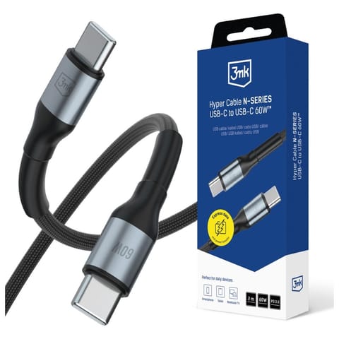 ⁨Kabel 3MK Hyper Cable N-SERIES USB-C do  USB-C 2m 20V/3A 60W czarny⁩ w sklepie Wasserman.eu