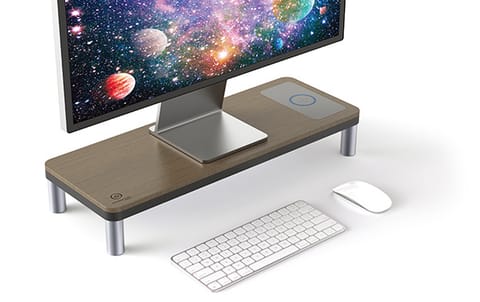 ⁨Podstawa pod monitor, stacja dokująca i ładowarka bezprzewodowa, miejsce na klawiaturę, szary + dekor z ciemnego drewna, metal/ tw⁩ w sklepie Wasserman.eu