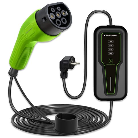 ⁨Qoltec Mobilna ładowarka do samochodu elektrycznego EV z regulacją 2w1 Typ2 | 3.5kW | 230V | LCD | Przenośna | 4m⁩ w sklepie Wasserman.eu