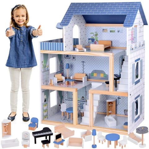 ⁨Drewniany błękitny domek dla lalek + mebelki 3 piętra teras ZA5273⁩ w sklepie Wasserman.eu