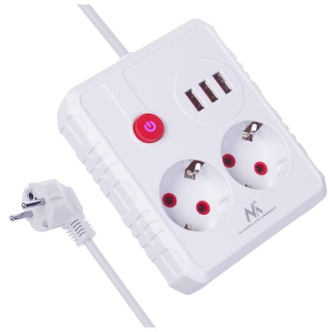 ⁨Listwa zasilająca Maclean, przedłużacz 2 gniazda + 3xUSB, 110-240V AC  50/60Hz, 2.1A max 2500W, 3 m, biała, MCE388 W⁩ w sklepie Wasserman.eu
