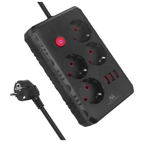 ⁨Listwa zasilająca Maclean, przedłużacz 4 gniazda + 3xUSB, 110-240V AC  50/60Hz, 2.1A max 2500W, 3m, czarna ,MCE393 B⁩ w sklepie Wasserman.eu