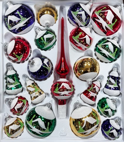 ⁨Bombki szklane Zestaw 21 sztuk Ręcznie zdobione. Produkt polski (kolorowe)⁩ w sklepie Wasserman.eu