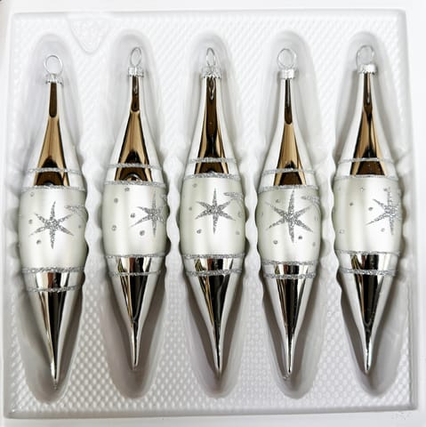 ⁨Bombki szklane sople 5 sztuk Ręcznie zdobione. Produkt polski (srebrny)⁩ w sklepie Wasserman.eu