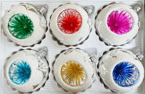 ⁨Bombki szklane 8cm reflektor 6szt Ręczna produkcja. Produkt PL (kolorowe, B)⁩ w sklepie Wasserman.eu