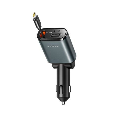 Ładowarka samochodowa 3w1 z kablem zwijanym USB-A USB-C - ciemnoszara w sklepie Wasserman.eu