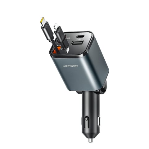 Ładowarka samochodowa 4w1 z kablami zwijanymi USB-A USB-C 30W- ciemnoszara w sklepie Wasserman.eu