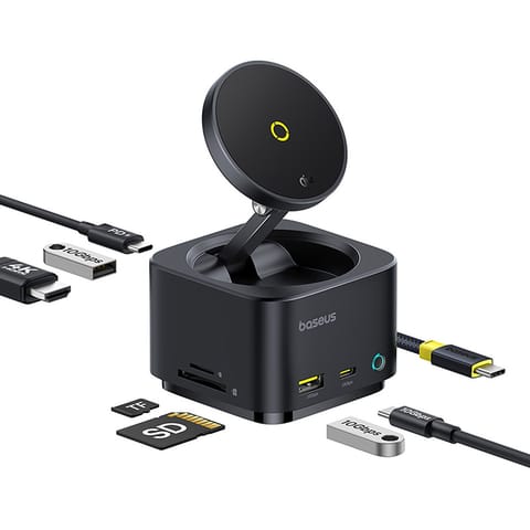 ⁨7w1 HUB z ładowarką bezprzewodową HDMI USB-A USB-C SD TF MagSafe 15W - czarny⁩ w sklepie Wasserman.eu