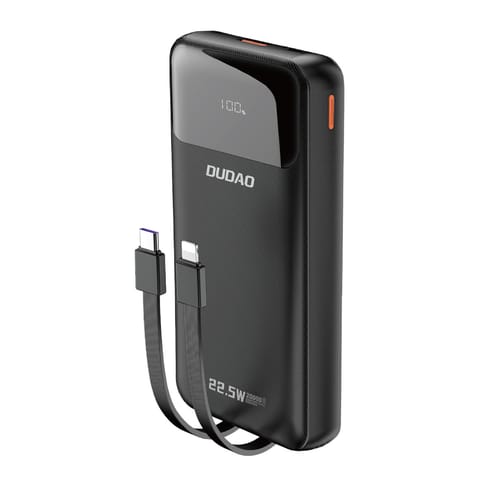 ⁨Powerbank 20000mAh 22.5W PD USB-C USB-A z wbudowanymi kablami iPhone Lightning USB-C - czarny⁩ w sklepie Wasserman.eu
