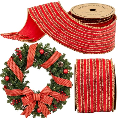 ⁨WSTĄŻKA ZŁOTE PASKI 6,3CMx3M CZERWONA⁩ w sklepie Wasserman.eu