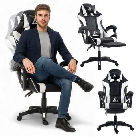 ⁨Fotel gamingowy obrotowy z podnóżkiem EC GAMING masażer KO24B⁩ w sklepie Wasserman.eu