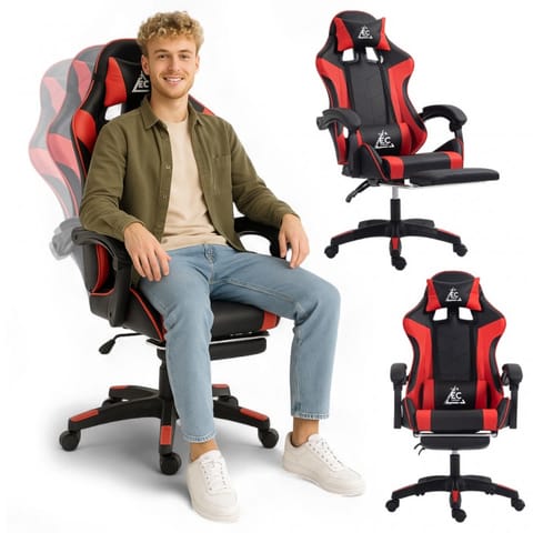 ⁨Fotel gamingowy obrotowy z podnóżkiem EC GAMING masażer KO24CZE⁩ w sklepie Wasserman.eu