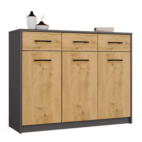 ⁨Komoda SIMPLO 3D3S Szafka 3 Szuflady 3 Drzwi ANTRACYT DĄB ARTISAN⁩ w sklepie Wasserman.eu