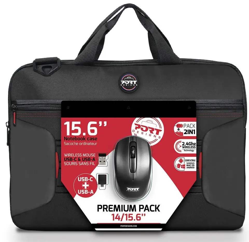 Zestaw torba + mysz PORT DESIGNS Premium Pack 501873 (Top Load; wireless; 1000 DPI; USB-C/USB-A; kolor czarny) w sklepie Wasserman.eu