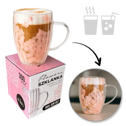 ⁨Szklanka termiczna ryflowana z kwiatami w środku, gipsówka róż 300 ml 1szt SZK157⁩ w sklepie Wasserman.eu