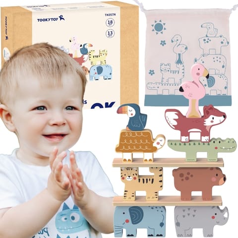 ⁨TOOKY TOY Drewniane Klocki Układanka Wieża Stacker Stosy Zwierzątka Montessori 13 el.⁩ w sklepie Wasserman.eu