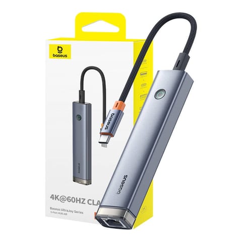 ⁨HUB 5 w 1 Baseus Ultra Joy USB-C - HDMI, USB3.0x2, PD, RJ45 (szary)⁩ w sklepie Wasserman.eu
