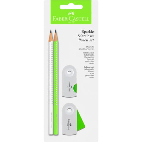 ⁨Ołówek SPARKLE SLEEVE biały/noen zilony + temperówka+gumka blister 218488 Faber-Castell⁩ w sklepie Wasserman.eu