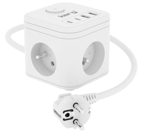 ⁨Kostka zasilająca 3-gniazdowa + ładowarka USB-A+USB-C 1,5m 3×1,5mm2 H05VV-F 16A/250V~ KERG Smart biała⁩ w sklepie Wasserman.eu