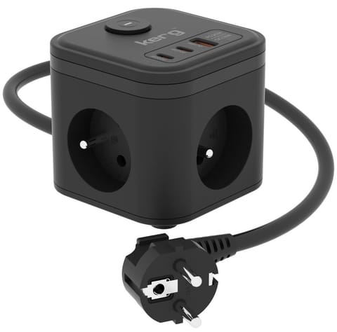 ⁨Kostka zasilająca 3-gniazdowa + szybka ładowarka USB-A+USB-C 1,5m 3×1,5mm2 H05VV-F 16A/250V~ KERG Smart czarna⁩ w sklepie Wasserman.eu