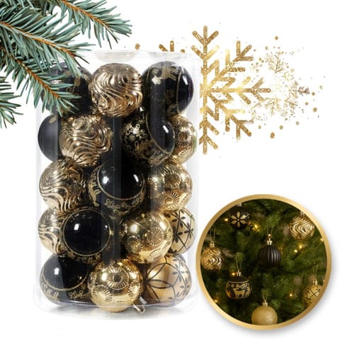⁨Komplet bombek bożonarodzeniowych bombki 34 sztuki w opakowaniu złote czarne średnica 6cm BSN74⁩ w sklepie Wasserman.eu