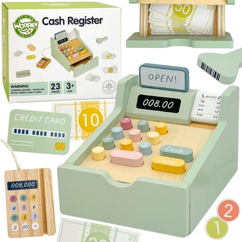 ⁨WOOPIE GREEN Drewniana Kasa Sklepowa Edukacyjna z Akcesoriami 23 el. FSC⁩ w sklepie Wasserman.eu