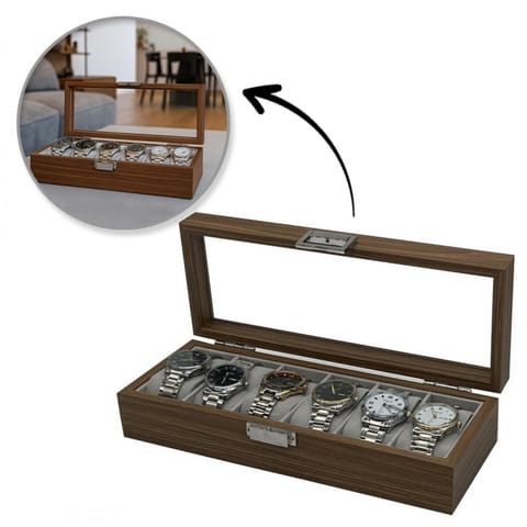 ⁨Szkatułka na 6 zegarków, etui, organizer zamykany ze szkłem 31x12x7,5cm PDMDF04⁩ w sklepie Wasserman.eu