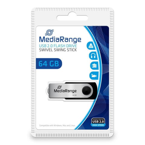 ⁨MediaRange USB flash disk, USB USB 2.0, 64GB, czarny, MR912, USB A, swivel / twister⁩ w sklepie Wasserman.eu
