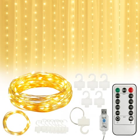 ⁨Kurtyna świetlna lampki LED 3x3m + uchwyty i programator CIEPŁY BIAŁY LAMP51⁩ w sklepie Wasserman.eu