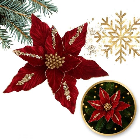 ⁨Kwiat na choinkę BOŻE NARODZENIE XXL 26 cm brokat i cekiny, bordowy WOZ47⁩ w sklepie Wasserman.eu