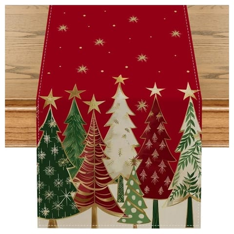 ⁨Lniany bieżnik na stół bożonarodzeniowy, czerwony, choinki 180 x 33cm BZK05⁩ w sklepie Wasserman.eu