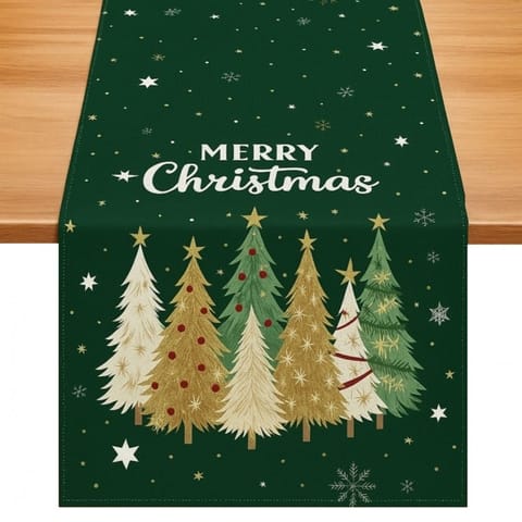 ⁨Lniany bieżnik na stół bożonarodzeniowy, zielony, choinki 180 x 33cm BZK06⁩ w sklepie Wasserman.eu