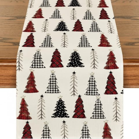 ⁨Lniany bieżnik na stół bożonarodzeniowy, czerwone choinki 180 x 33cm BZK08⁩ w sklepie Wasserman.eu