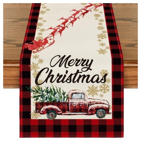 ⁨Lniany bieżnik na stół bożonarodzeniowy, czerwona krata i AUTO z choinką 180 x 33cm BZK10⁩ w sklepie Wasserman.eu