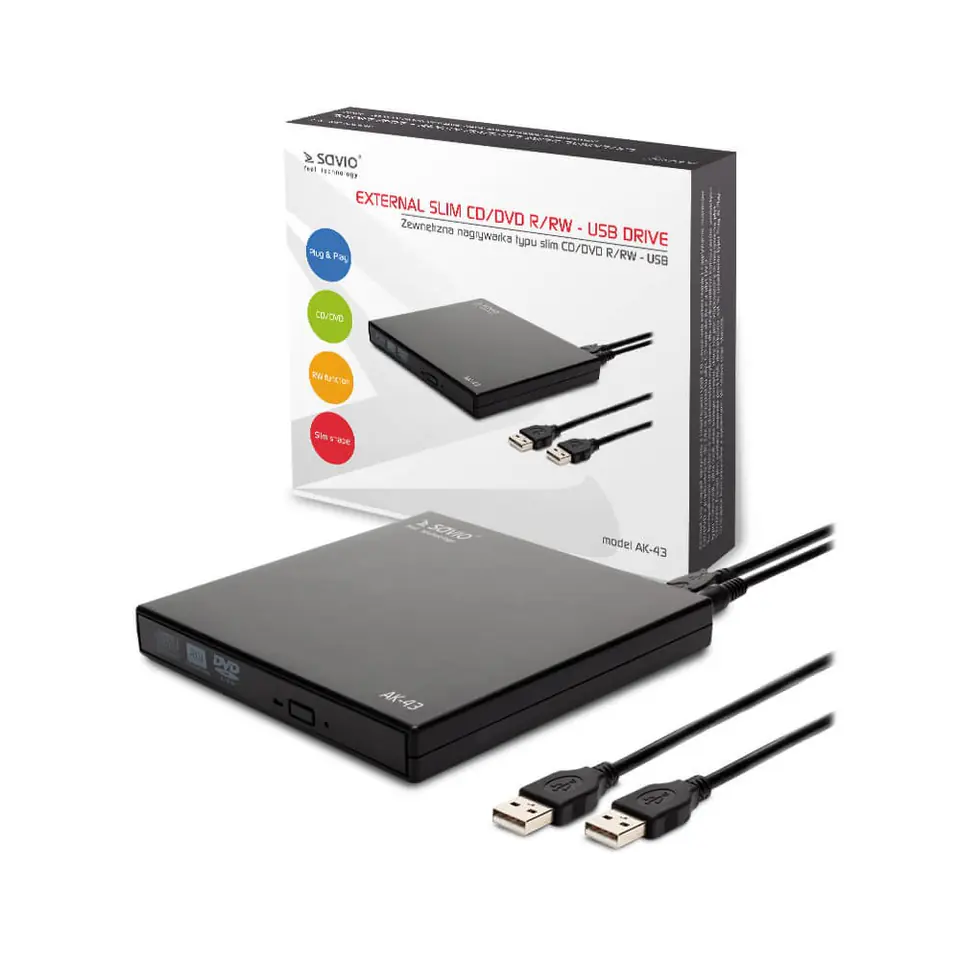 ⁨SAVIO EXTERNAL SLIM CD/DVD WRITER R/RW – USB 2.0 AK-43⁩ at Wasserman.eu