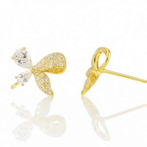 ⁨Kolczyki ze stali szlachetnej pozłacane 14k złotem, kokardka cyrkonie KST3494⁩ w sklepie Wasserman.eu