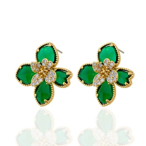 ⁨Kolczyki ze stali szlachetnej pozłacane 14k złotem, cyrkonie zielone kwiaty KST3472⁩ w sklepie Wasserman.eu